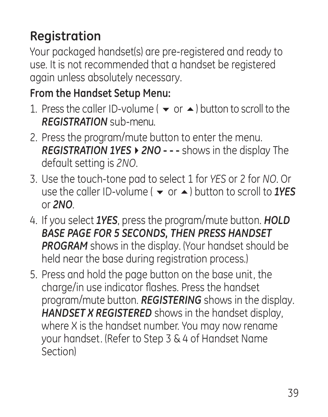 GE 00018, 9115 manual Registration, If you select 1YES, press the program/mute button. Hold 