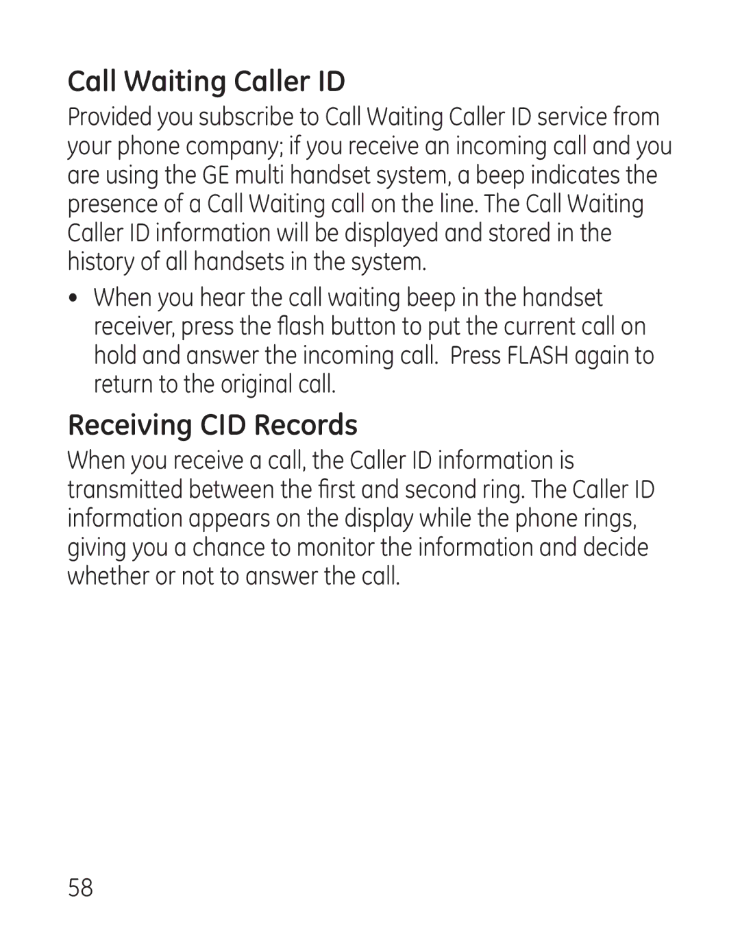 GE 9115, 00018 manual Call Waiting Caller ID, Receiving CID Records 