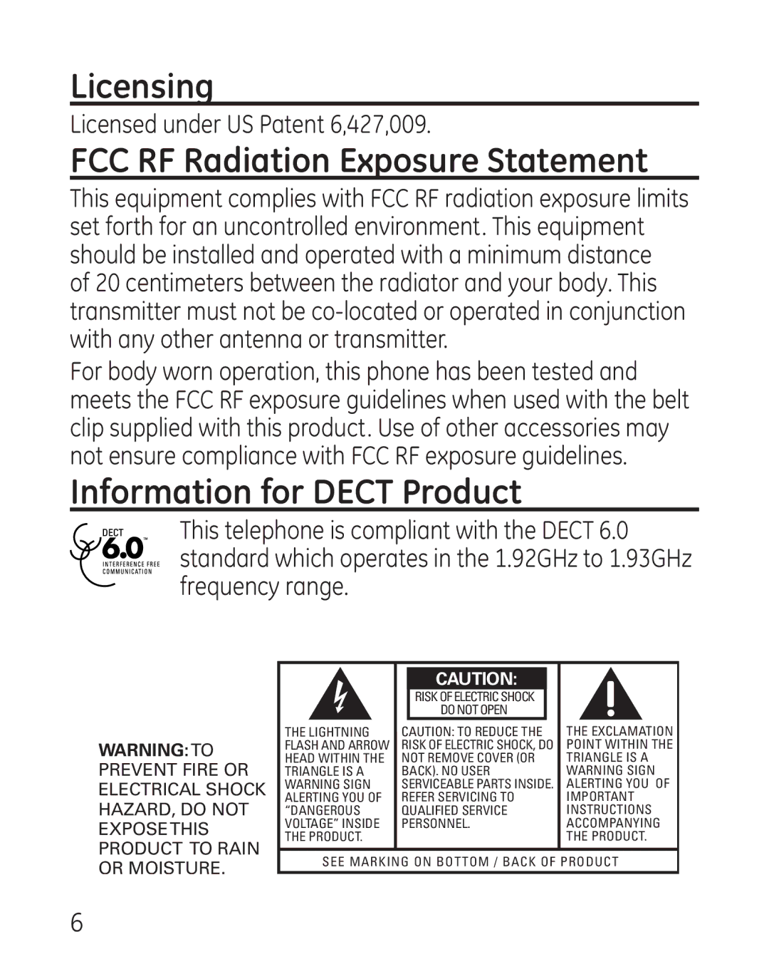 GE 9115, 00018 manual Licensing, FCC RF Radiation Exposure Statement, Information for Dect Product 