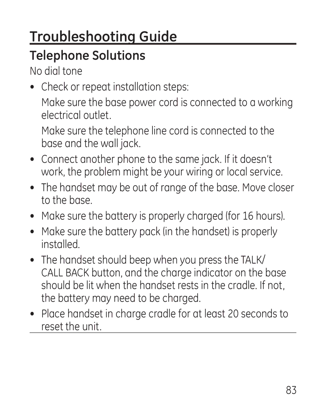 GE 00018, 9115 manual Troubleshooting Guide, Telephone Solutions 