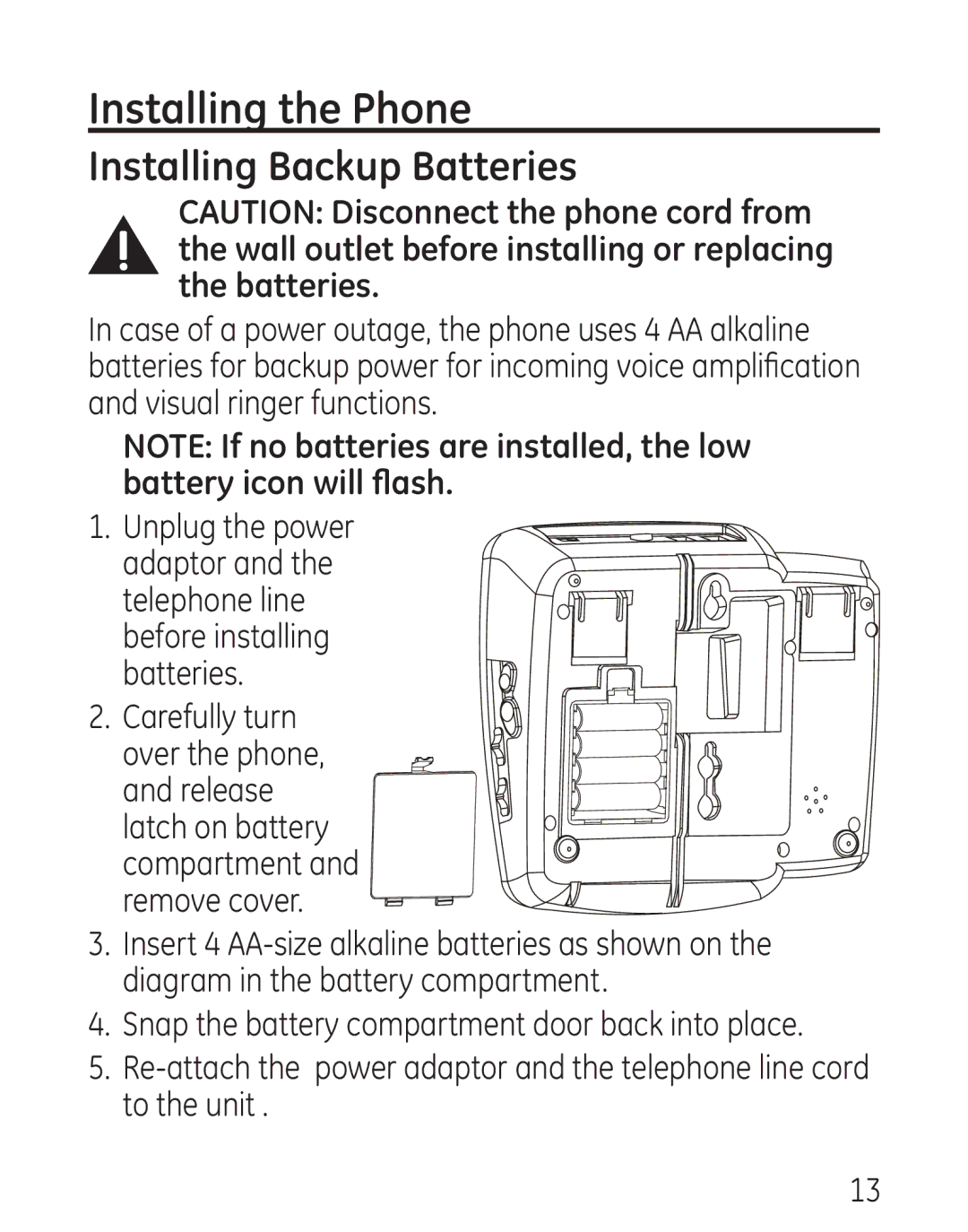 GE 0001957, 9579 manual Installing the Phone, Installing Backup Batteries, Carefully turn 