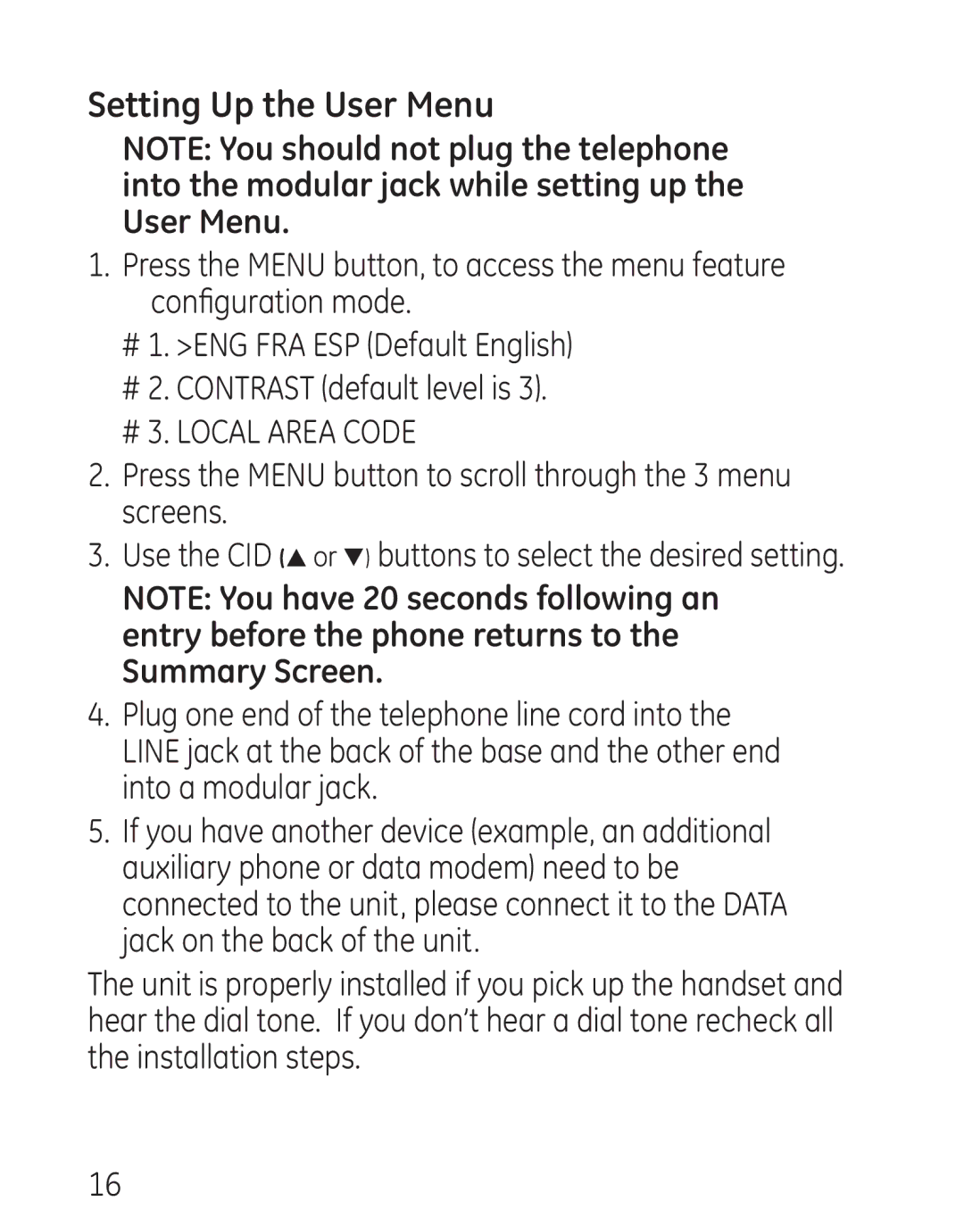 GE 9579, 0001957 manual Setting Up the User Menu, Press the Menu button to scroll through the 3 menu screens 