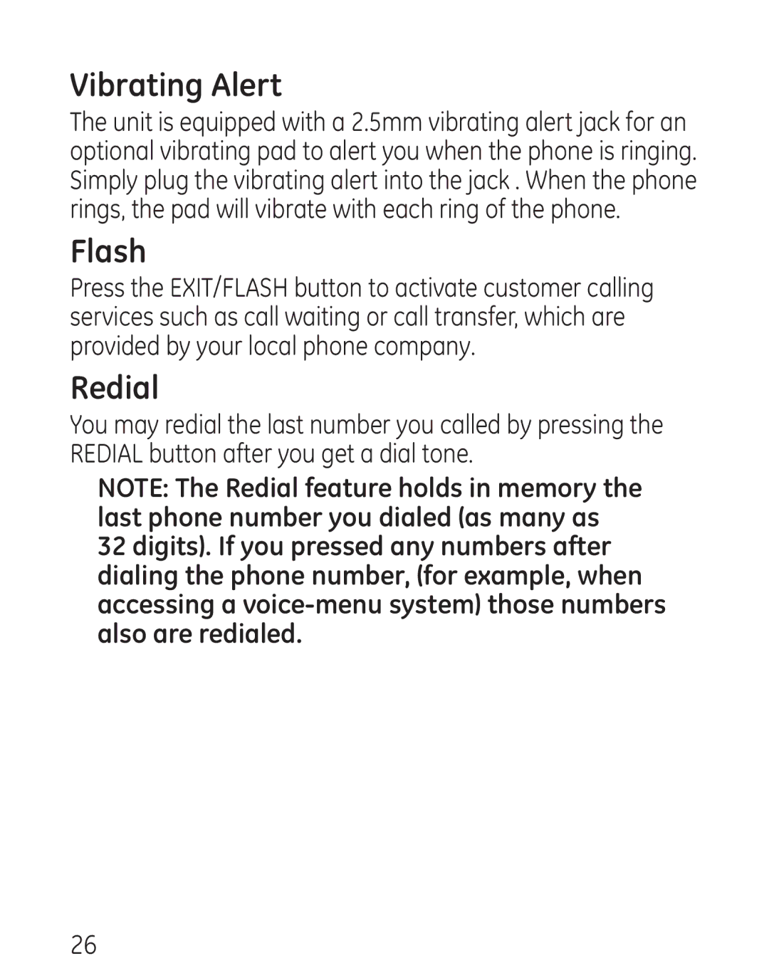 GE 9579, 0001957 manual Vibrating Alert, Flash, Redial 