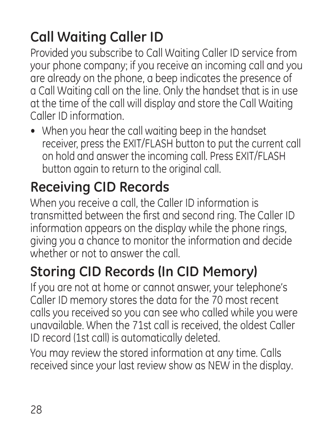 GE 9579, 0001957 manual Call Waiting Caller ID, Receiving CID Records, Storing CID Records In CID Memory 