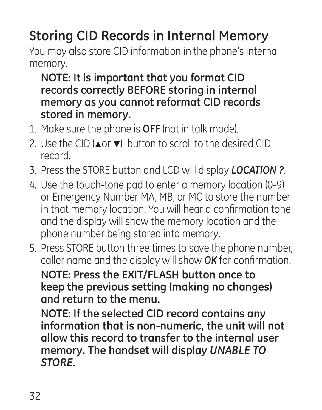 GE 9579, 0001957 manual Storing CID Records in Internal Memory, Press the Store button and LCD will display Location ? 