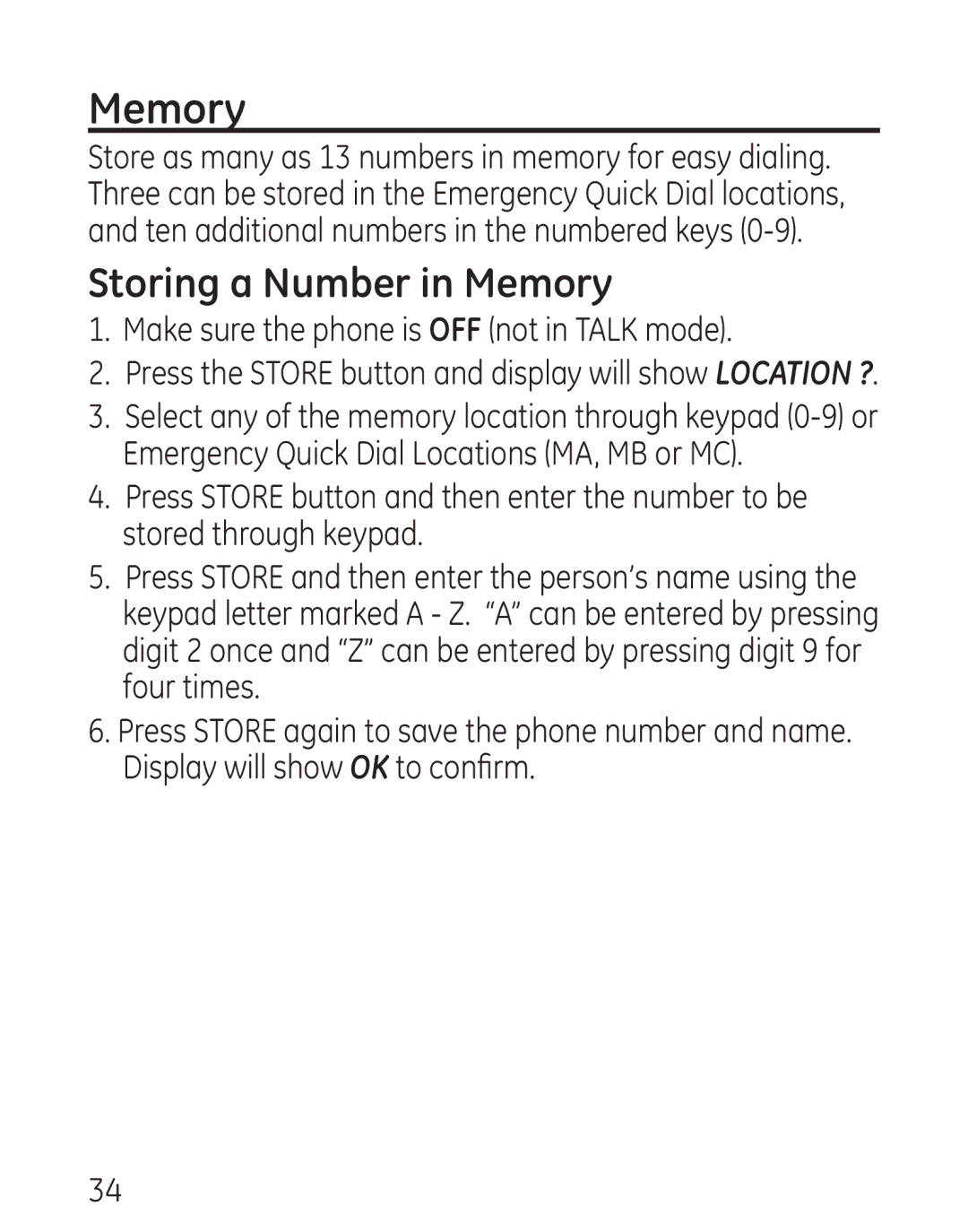 GE 9579, 0001957 manual Storing a Number in Memory 