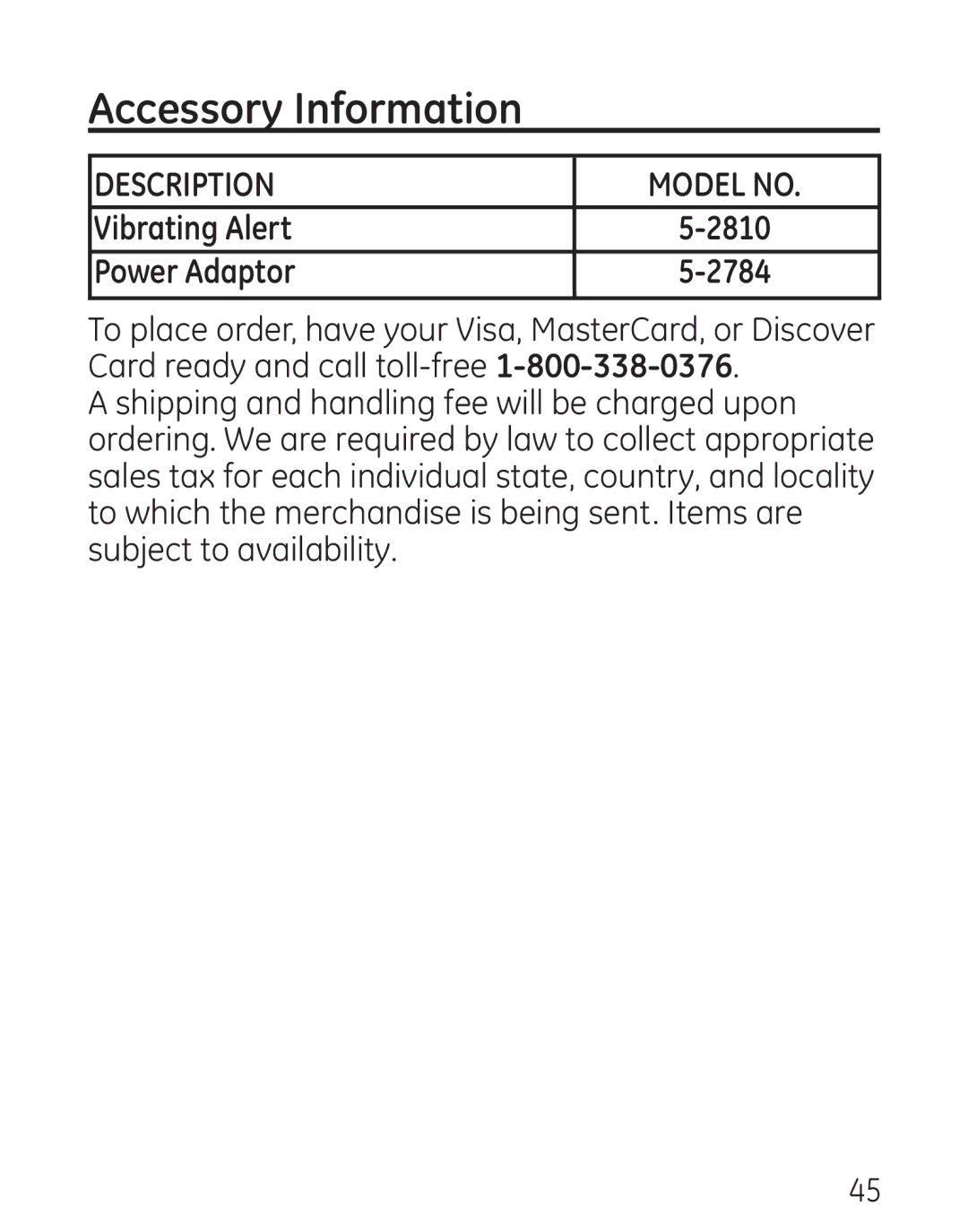 GE 0001957, 9579 manual Accessory Information, Vibrating Alert, Power Adaptor 