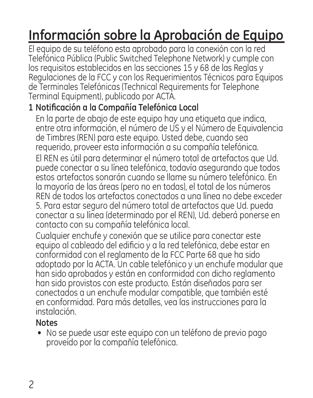 GE 9579, 0001957 manual Información sobre la Aprobación de Equipo, Notificación a la Compañía Telefónica Local 