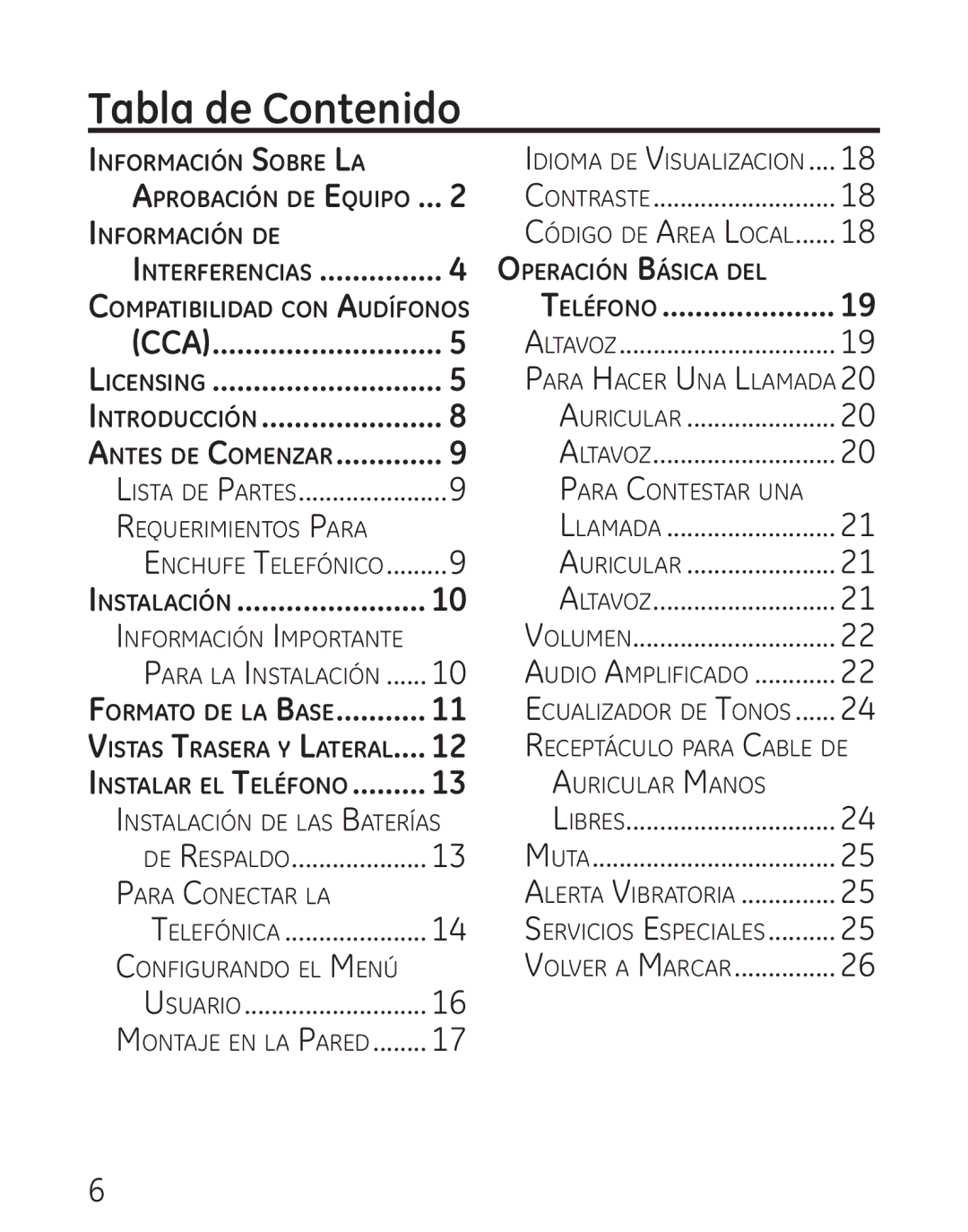 GE 9579, 0001957 manual Tabla de Contenido, Teléfono 