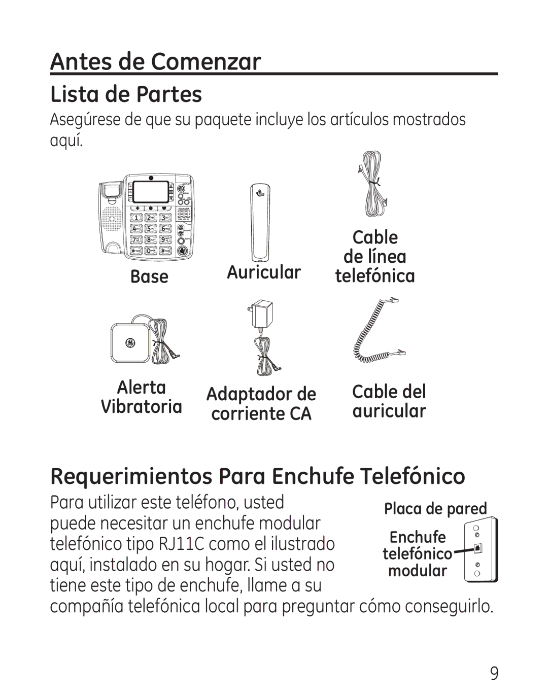 GE 0001957, 9579 manual Antes de Comenzar, Lista de Partes, Requerimientos Para Enchufe Telefónico, Auricular, Base 