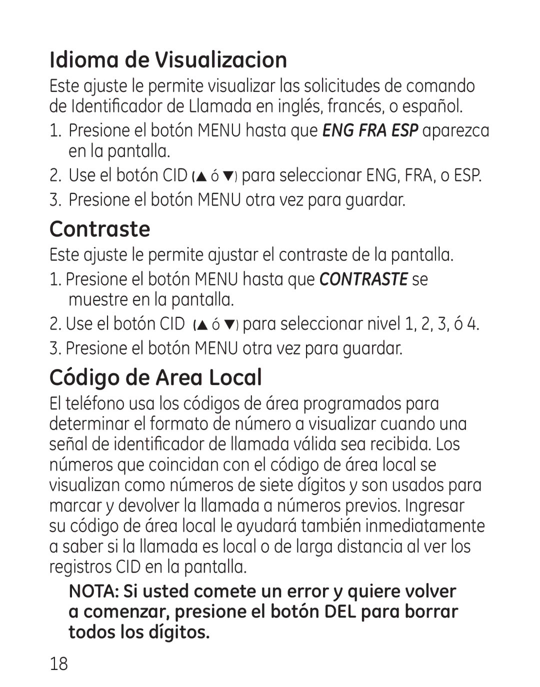 GE 9579, 0001957 Idioma de Visualizacion, Contraste, Código de Area Local, Presione el botón Menu otra vez para guardar 