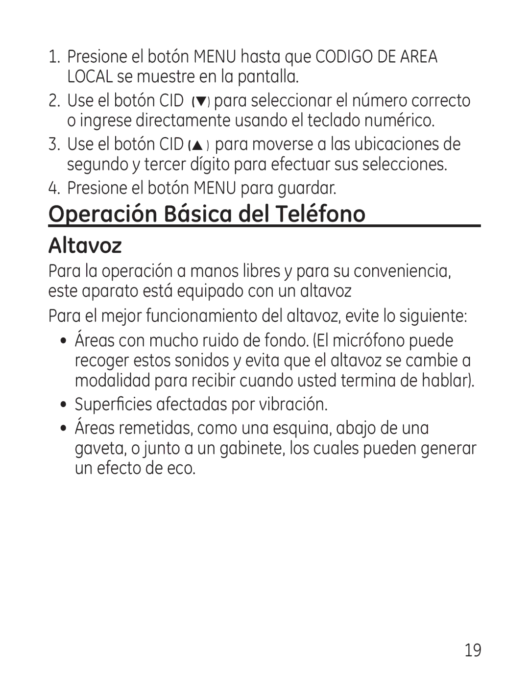 GE 0001957, 9579 manual Operación Básica del Teléfono, Altavoz, Presione el botón Menu para guardar 