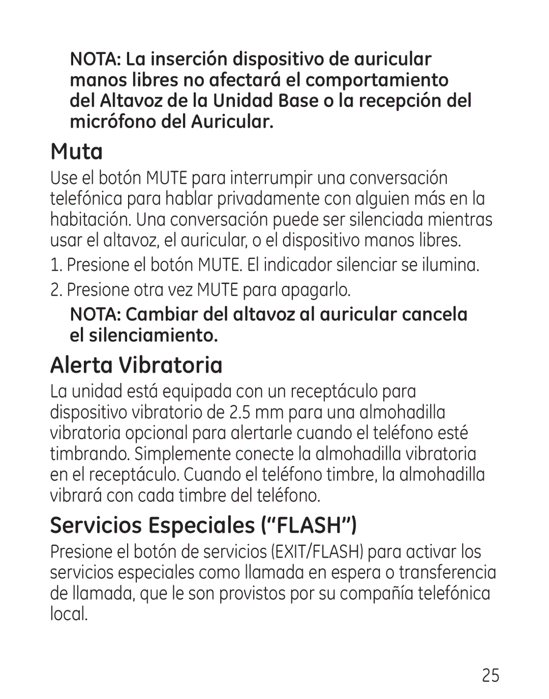 GE 0001957, 9579 manual Muta, Alerta Vibratoria, Servicios Especiales Flash, Presione otra vez Mute para apagarlo 