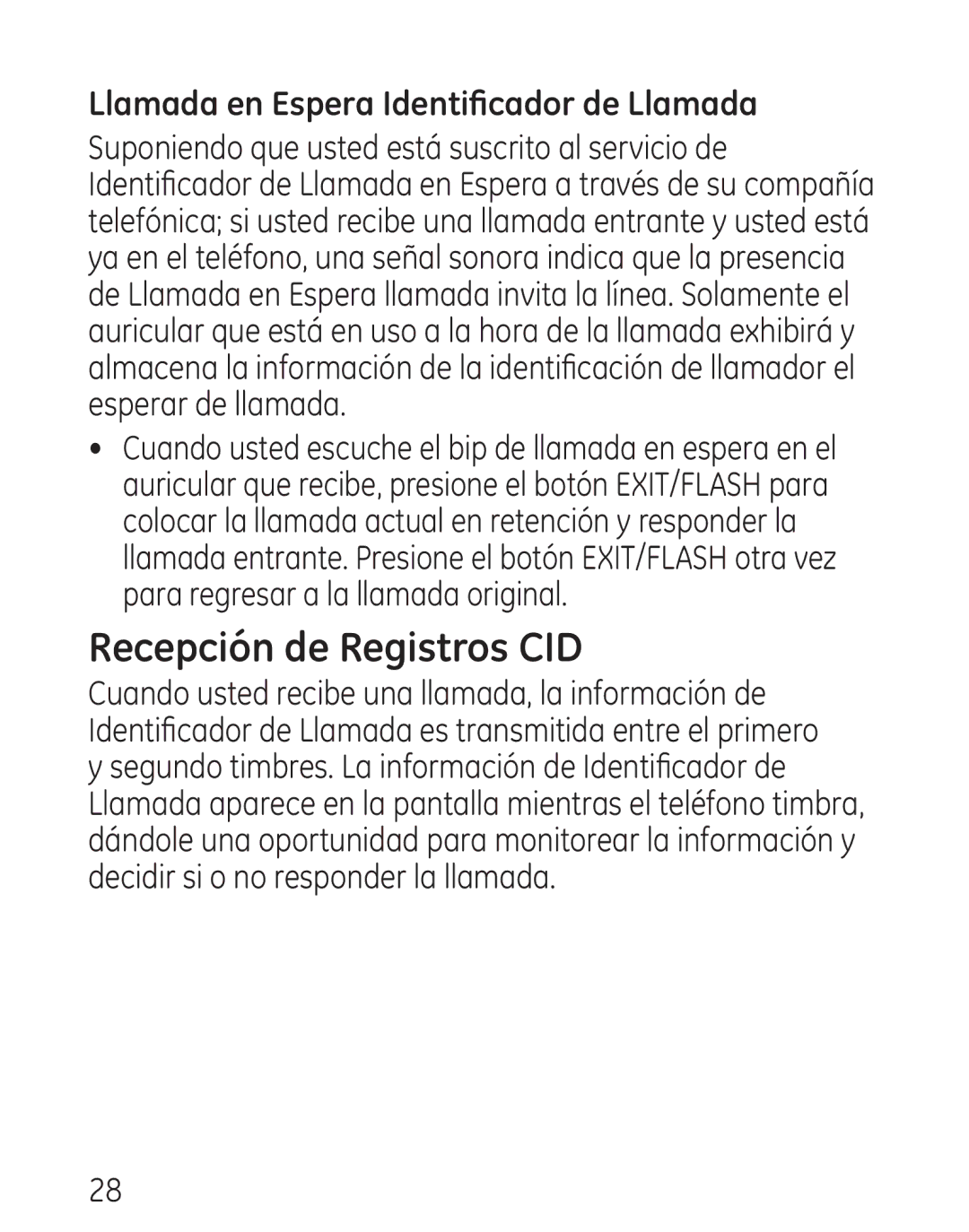 GE 9579, 0001957 manual Recepción de Registros CID, Llamada en Espera Identificador de Llamada 