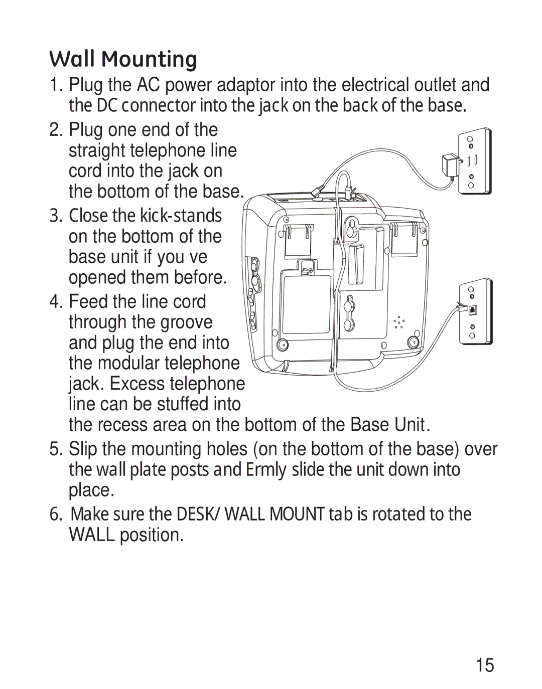 GE 00019317, 958 manual Wall Mounting, Feed the line cord, Wall position 