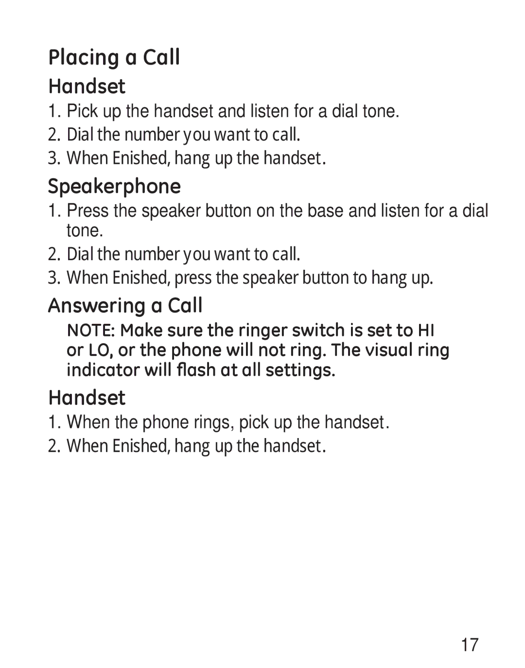 GE 00019317, 958 manual Placing a Call, Handset 