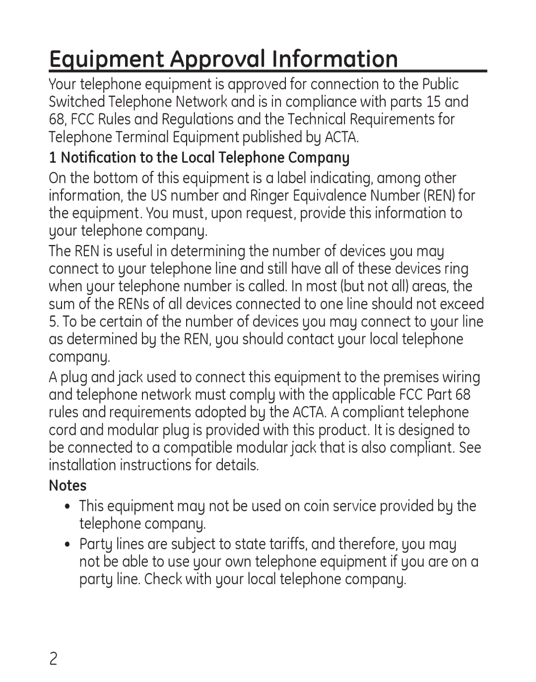 GE 958, 00019317 manual Equipment Approval Information, Notification to the Local Telephone Company 