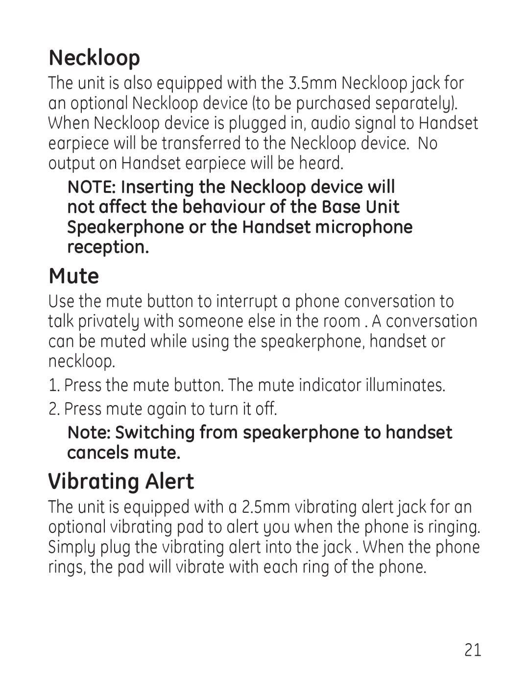 GE 00019317, 958 manual Neckloop, Mute, Vibrating Alert 