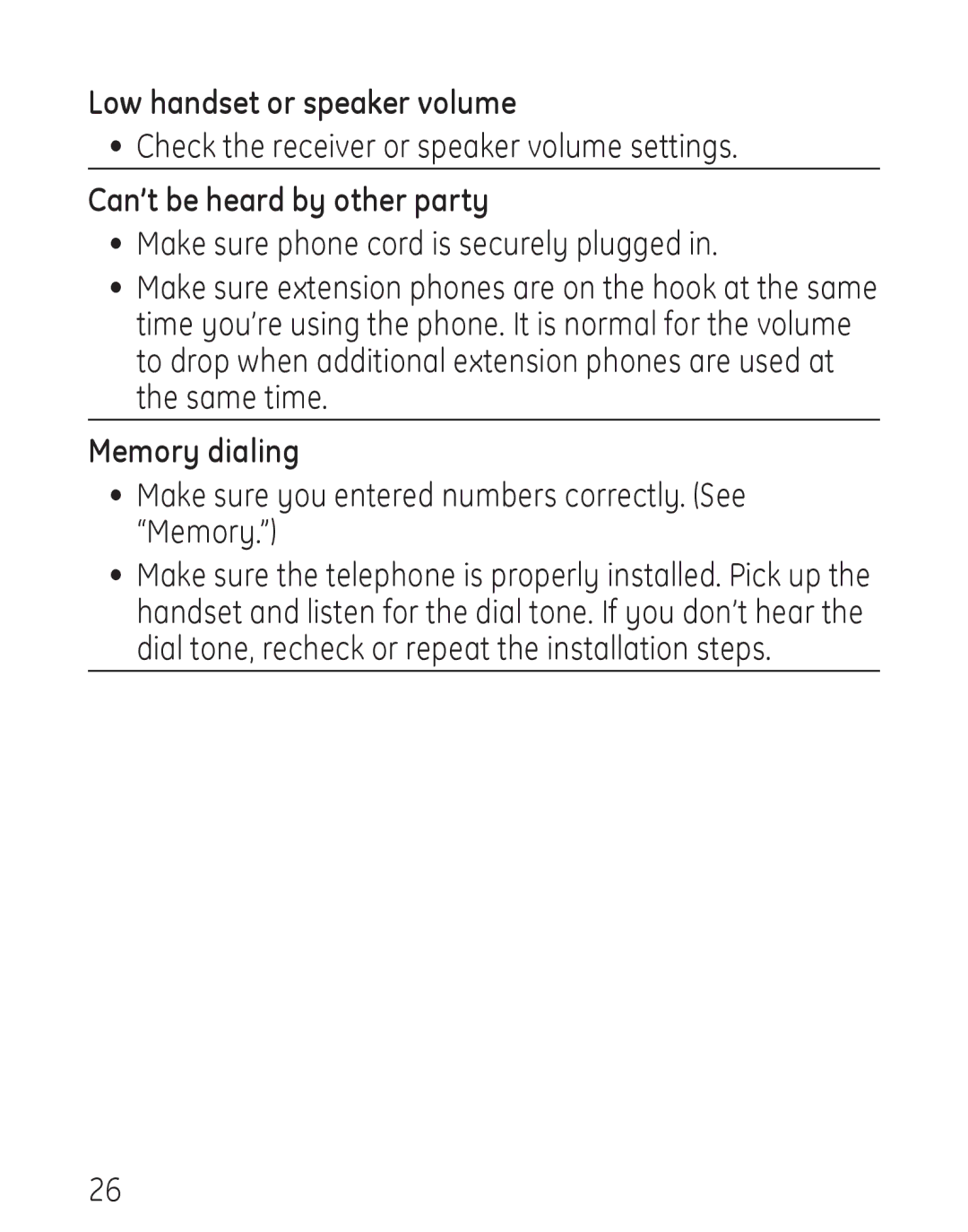 GE 958 manual Low handset or speaker volume, Check the receiver or speaker volume settings, Can’t be heard by other party 