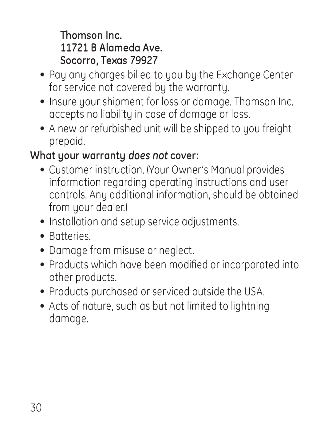 GE 958, 00019317 manual Thomson Inc Alameda Ave Socorro, Texas, What your warranty does not cover 