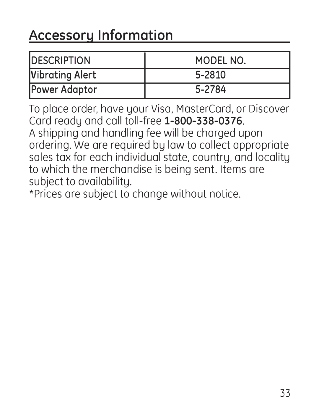 GE 00019317, 958 manual Accessory Information, Vibrating Alert 2810 Power Adaptor 2784 