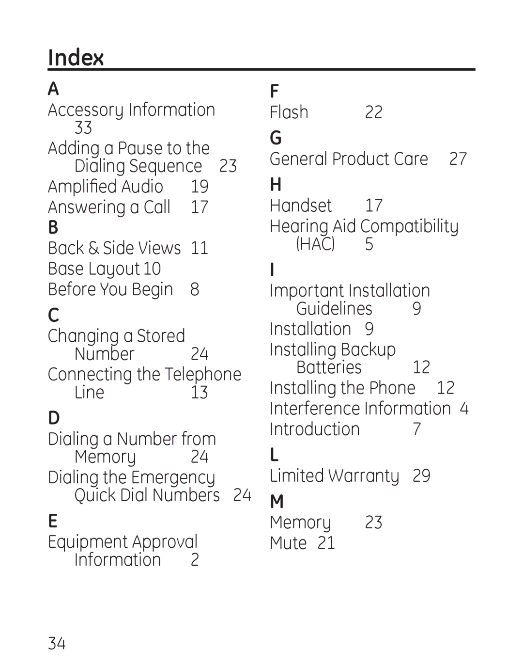 GE 958, 00019317 Index, Accessory Information Adding a Pause to, Amplified Audio Answering a Call, Base Layout, Number 