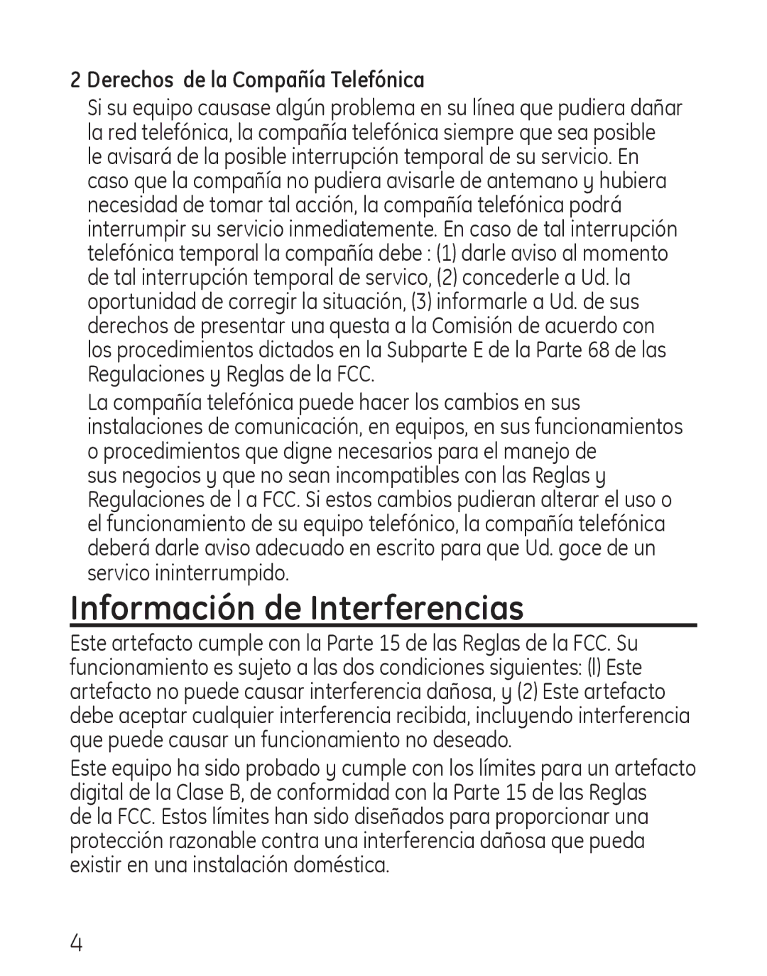 GE 958, 00019317 manual Información de Interferencias, Derechos de la Compañía Telefónica 