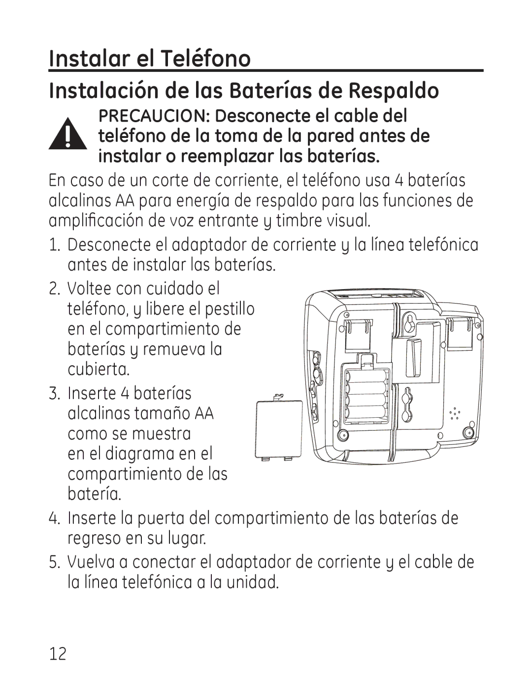 GE 958, 00019317 manual Instalar el Teléfono, Instalación de las Baterías de Respaldo 