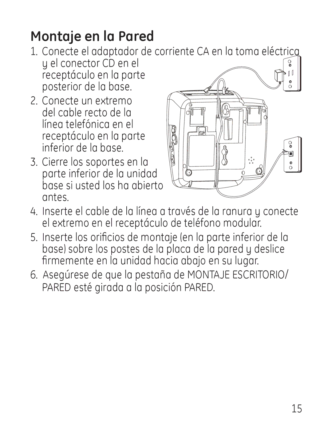 GE 00019317, 958 manual Montaje en la Pared, Pared esté girada a la posición Pared 