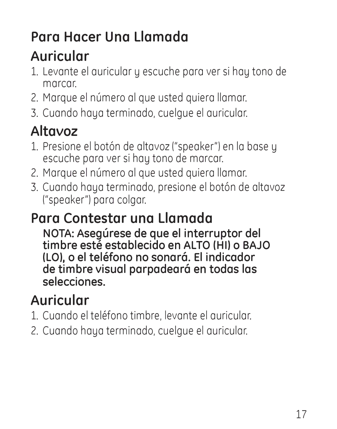 GE 00019317, 958 manual Para Hacer Una Llamada Auricular, Para Contestar una Llamada, Selecciones 