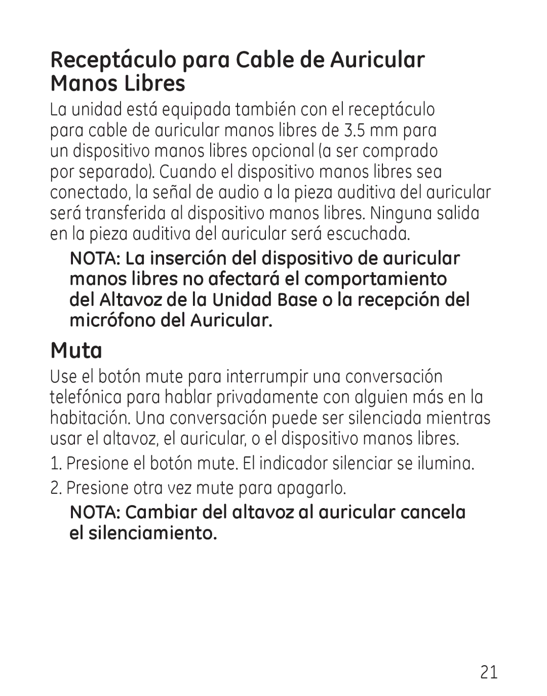 GE 00019317, 958 manual Receptáculo para Cable de Auricular Manos Libres, Muta, Presione otra vez mute para apagarlo 