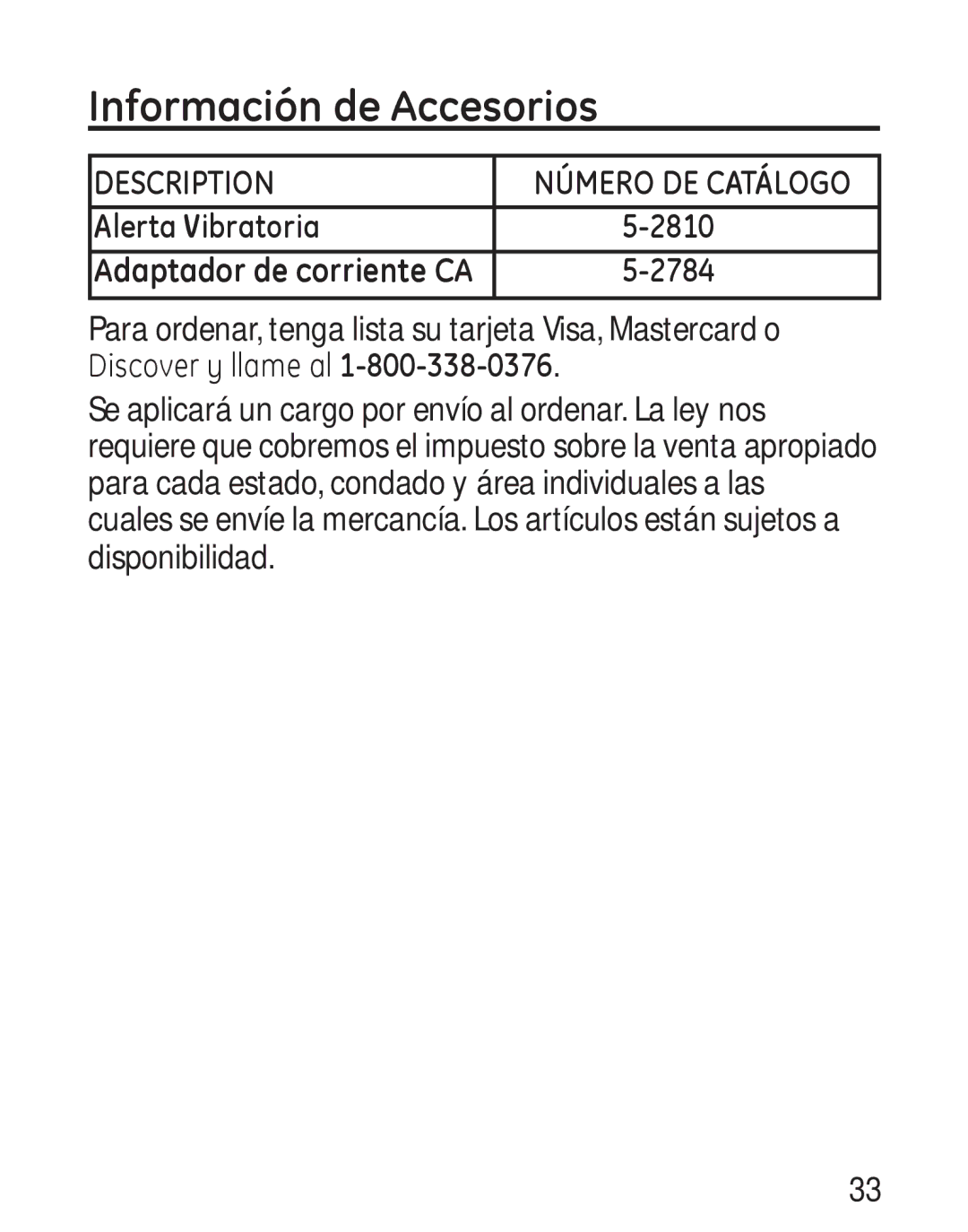 GE 00019317, 958 manual Información de Accesorios, Alerta Vibratoria 2810 