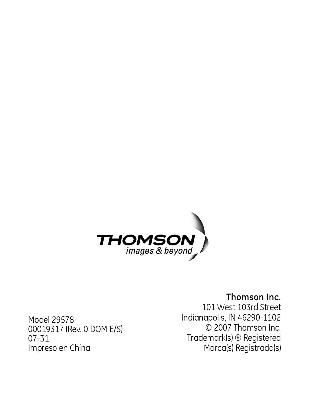 GE 958, 00019317 manual Impreso en China Marcas Registradas 