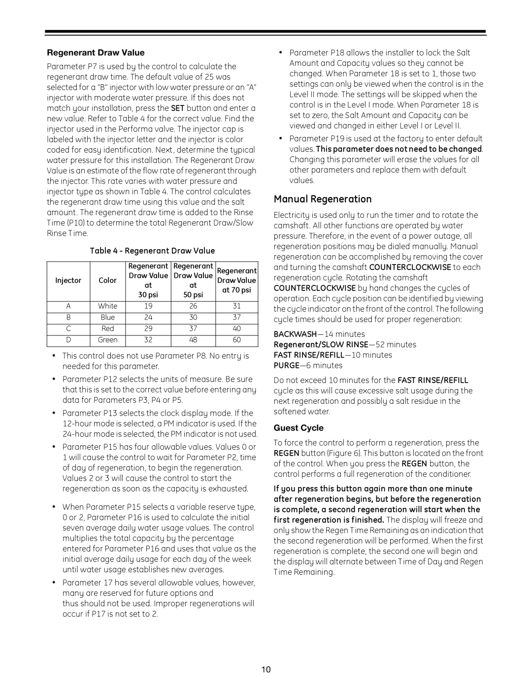 GE 960 Series manual Manual Regeneration, Regenerant Draw Value, Guest Cycle 