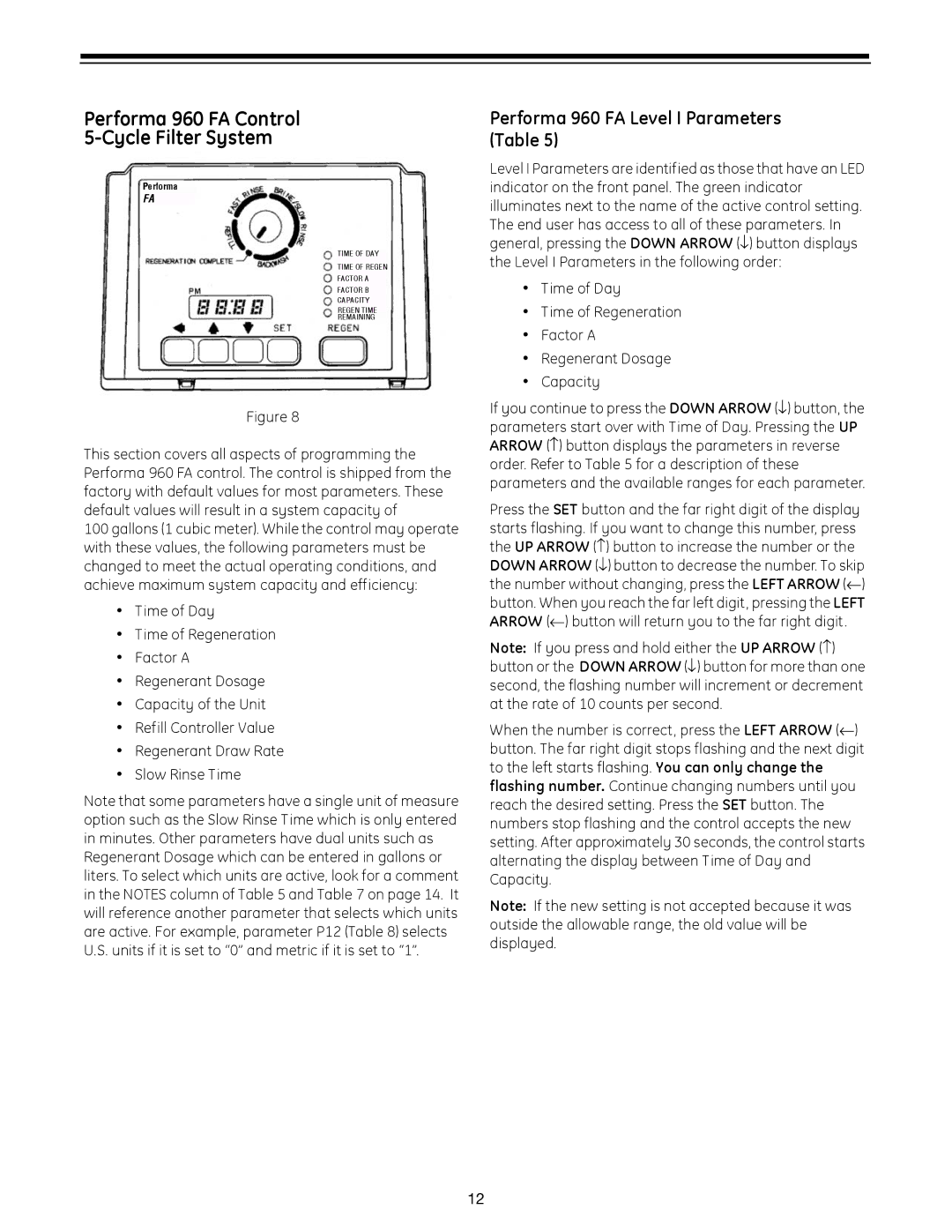 GE 960 Series manual Performa 960 FA Control Cycle Filter System, Performa 960 FA Level I Parameters Table 