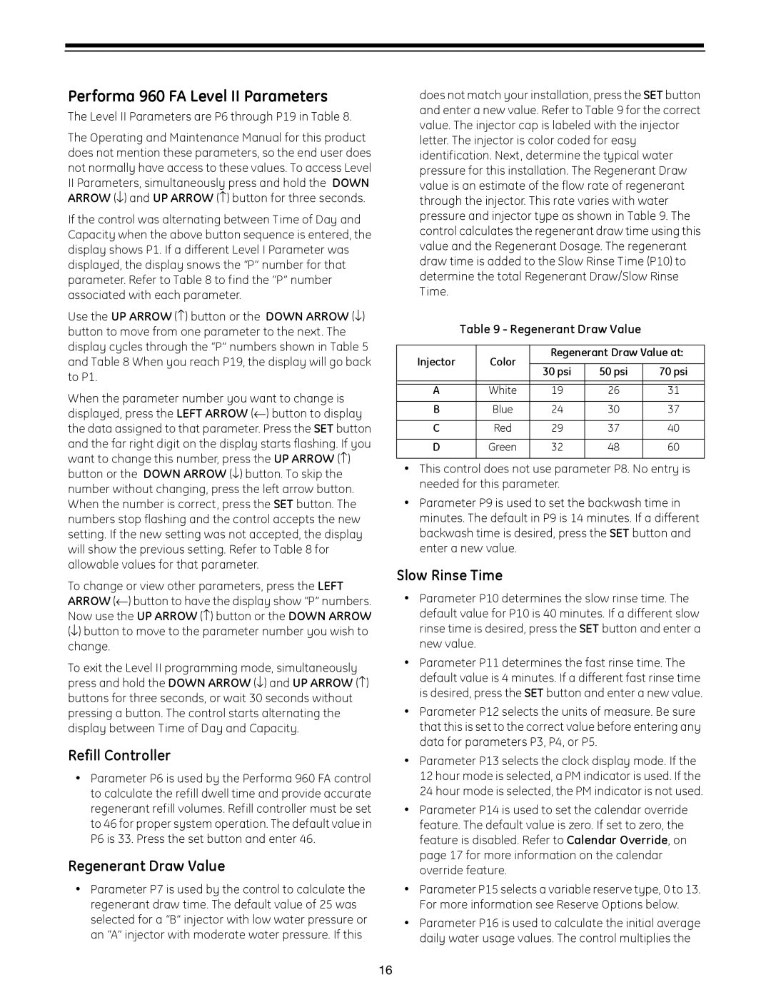 GE 960 Series manual Performa 960 FA Level II Parameters, Refill Controller, Regenerant Draw Value, Slow Rinse Time 