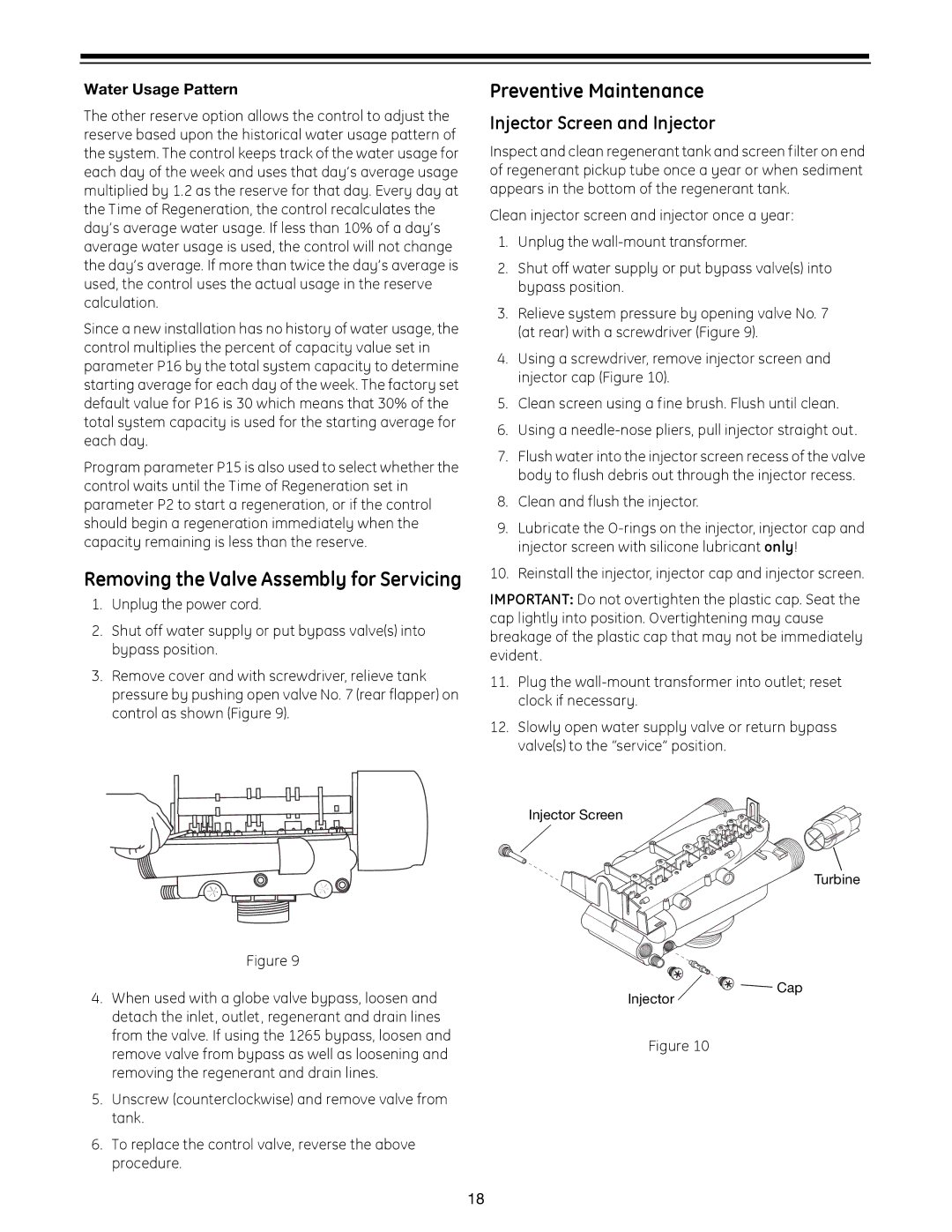 GE 960 Series manual Removing the Valve Assembly for Servicing, Preventive Maintenance, Injector Screen and Injector 