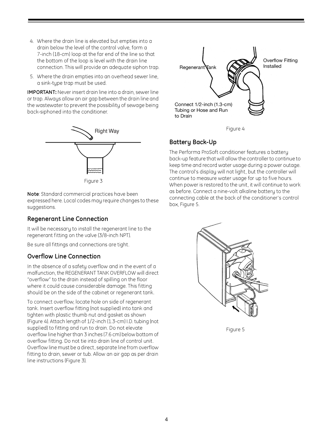 GE 960 Series manual Battery Back-Up, Regenerant Line Connection, Overflow Line Connection 