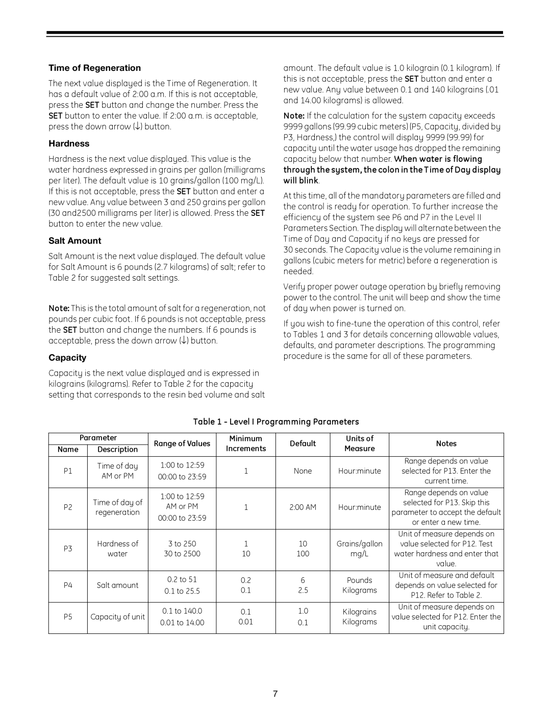 GE 960 Series manual Time of Regeneration, Hardness, Salt Amount, Capacity, Level I Programming Parameters 