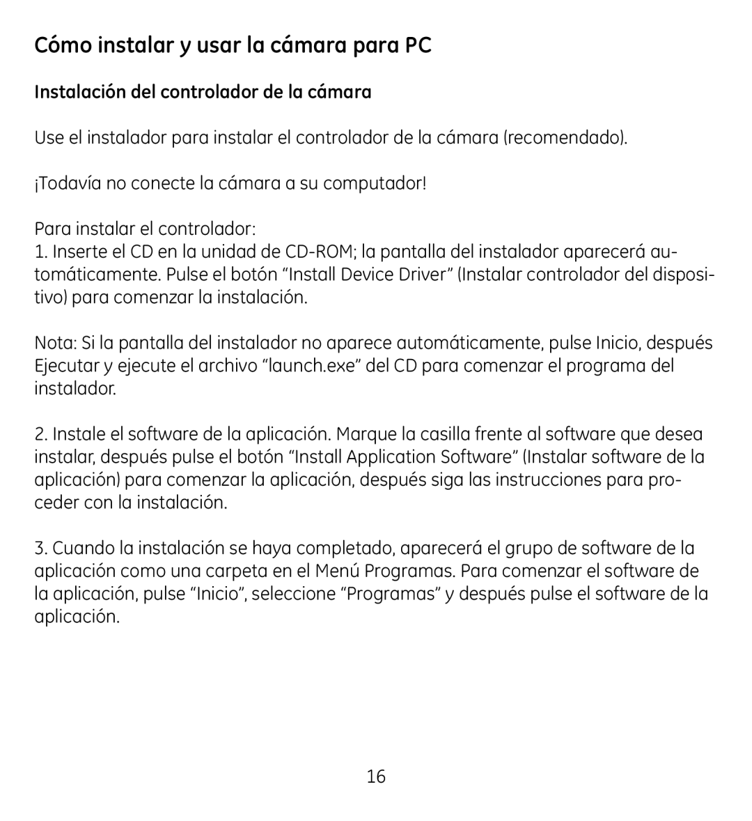 GE 98061 manual Cómo instalar y usar la cámara para PC, Instalación del controlador de la cámara 