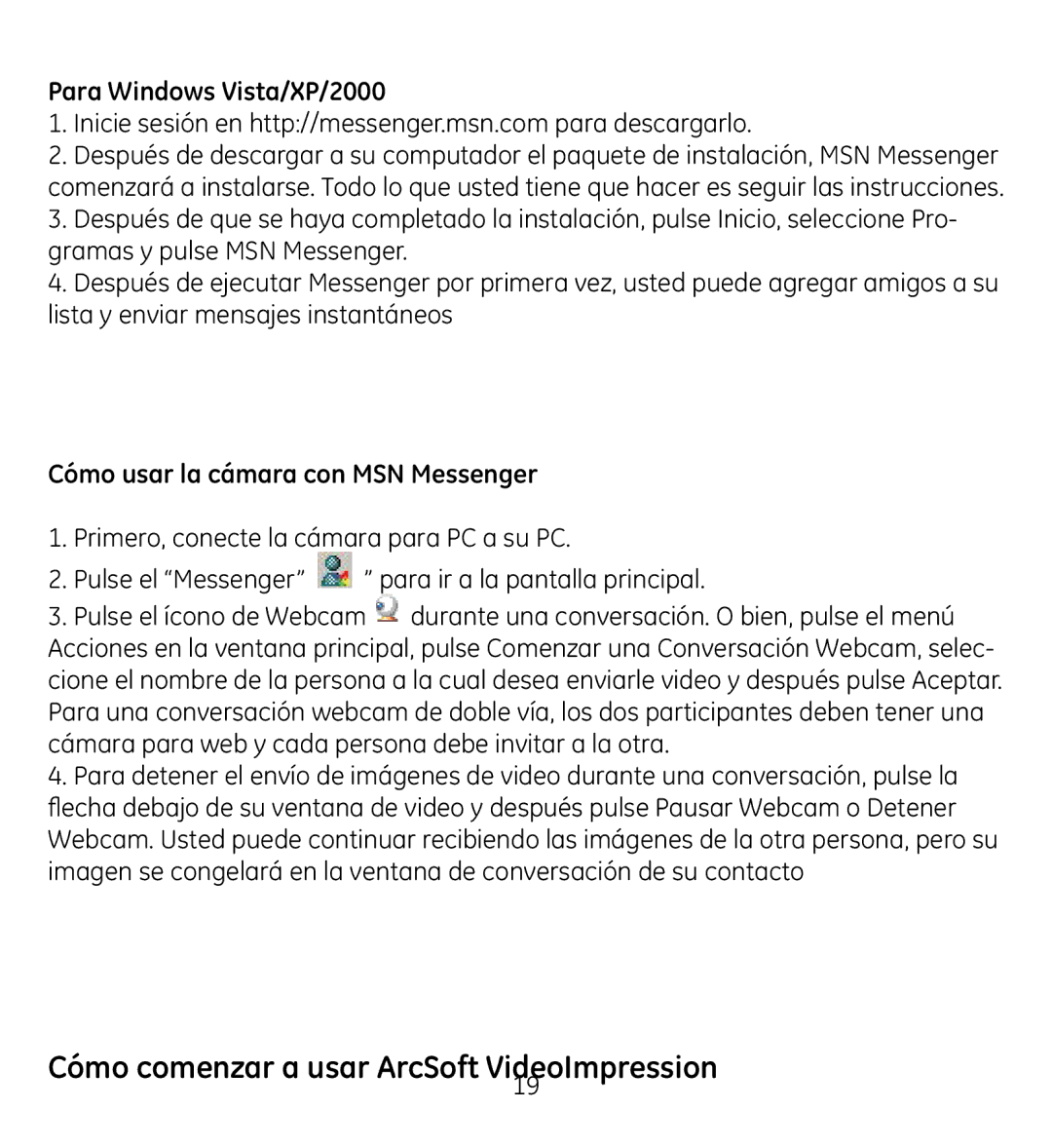 GE 98061 manual Para Windows Vista/XP/2000, Cómo usar la cámara con MSN Messenger 