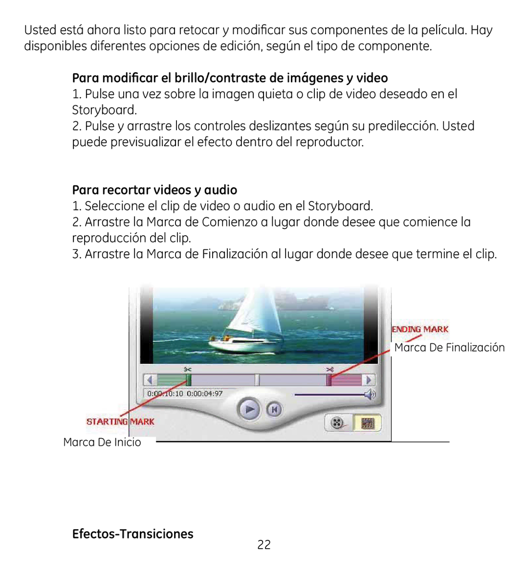 GE 98061 manual Para modificar el brillo/contraste de imágenes y video, Para recortar videos y audio, Efectos-Transiciones 