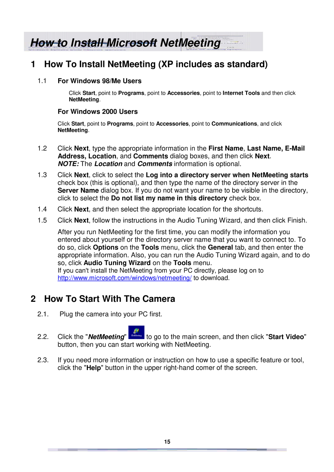 GE 98063 instruction manual How to Install Microsoft NetMeeting, For Windows 98/Me Users, For Windows 2000 Users 