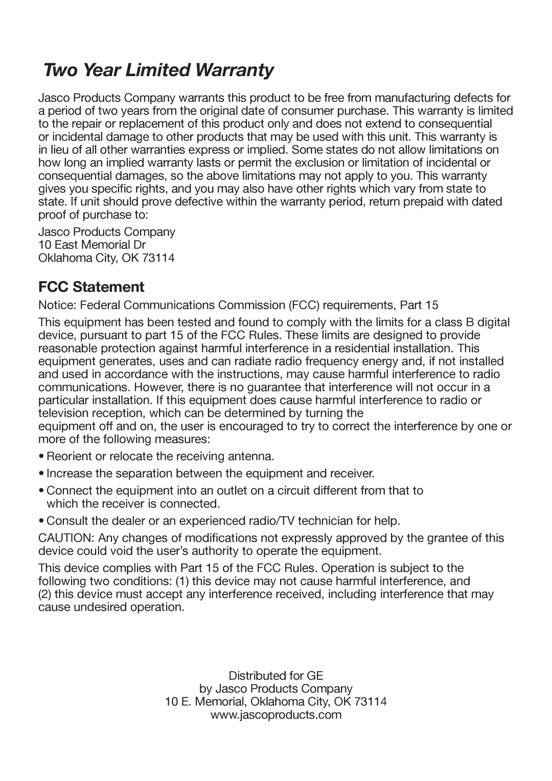 GE 98063 instruction manual Two Year Limited Warranty 