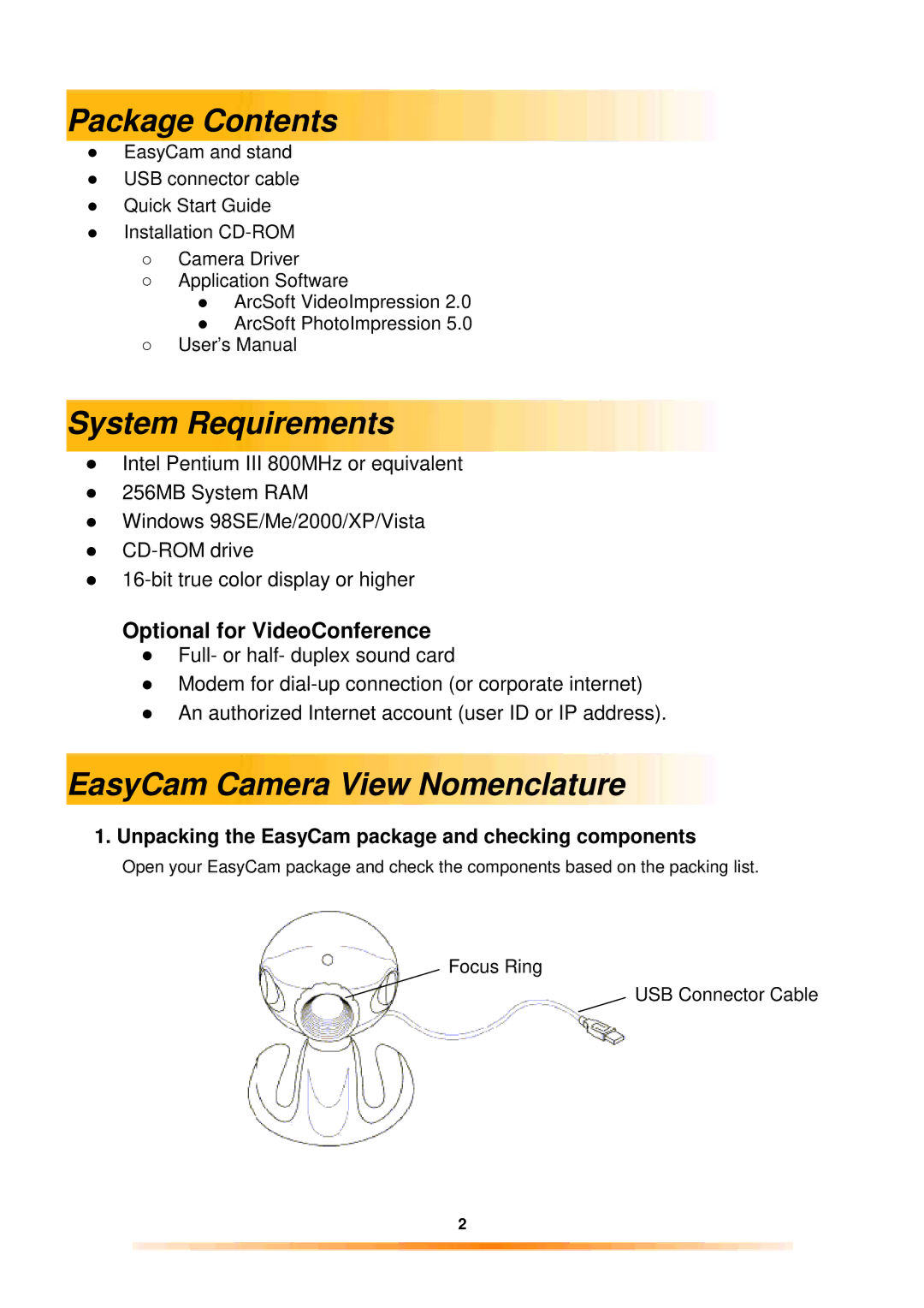 GE 98063 instruction manual Package Contents, System Requirements, EasyCam Camera View Nomenclature 