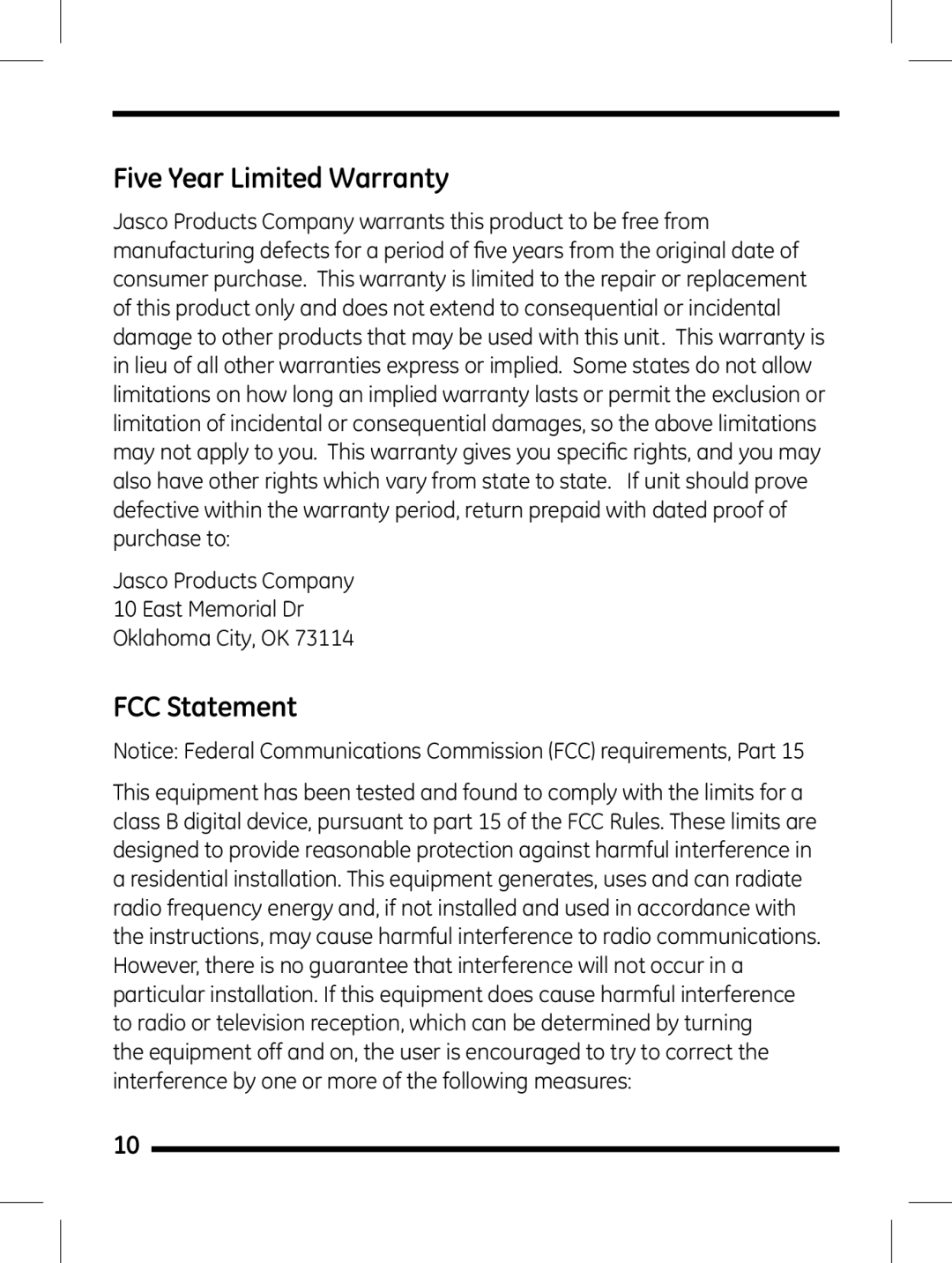 GE 98504 instruction manual Five Year Limited Warranty, FCC Statement 