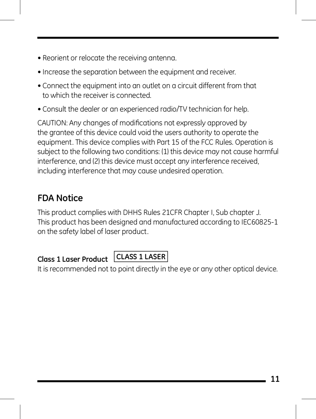 GE 98504 instruction manual FDA Notice, Class 1 Laser Product Class 1 Laser 