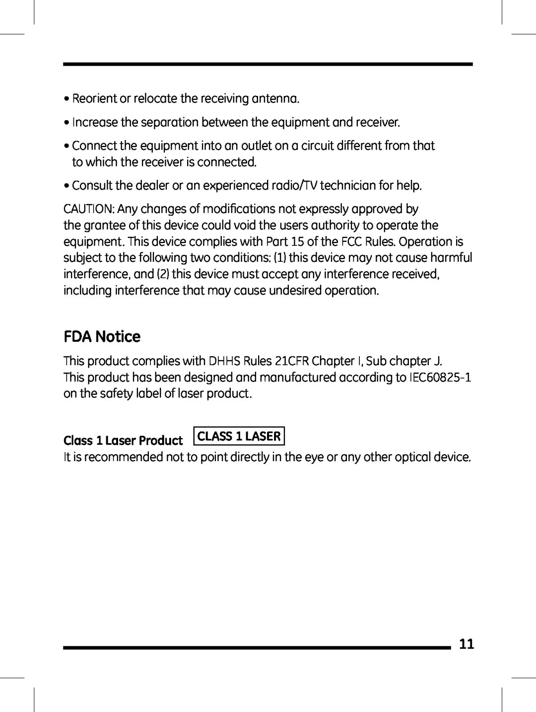 GE 98504 instruction manual FDA Notice, Class 1 Laser Product CLASS 1 LASER 