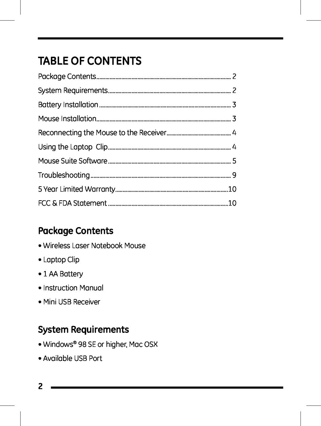 GE 98504 instruction manual Package Contents, System Requirements, Table Of Contents 