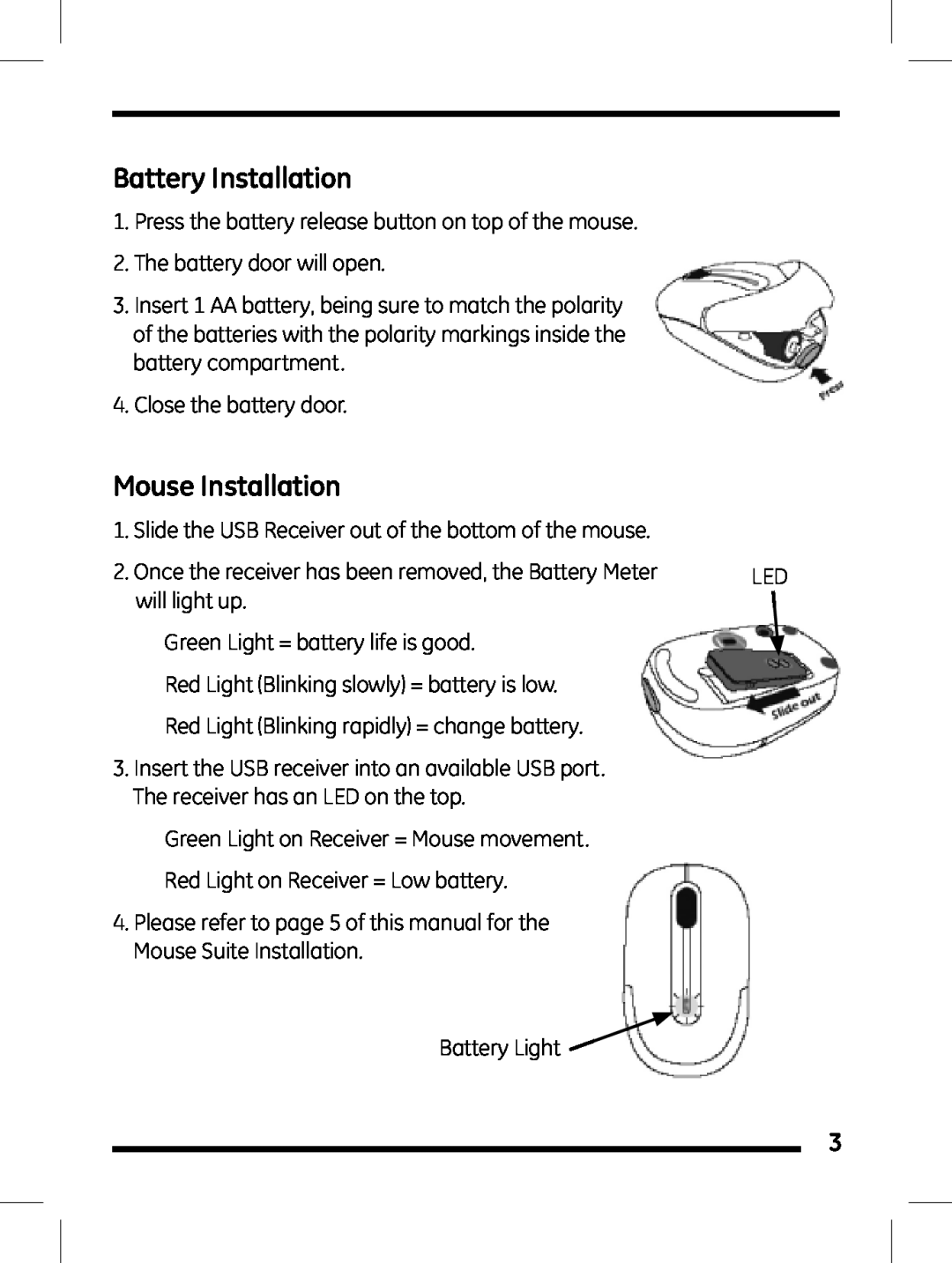 GE 98504 instruction manual Battery Installation, Mouse Installation 